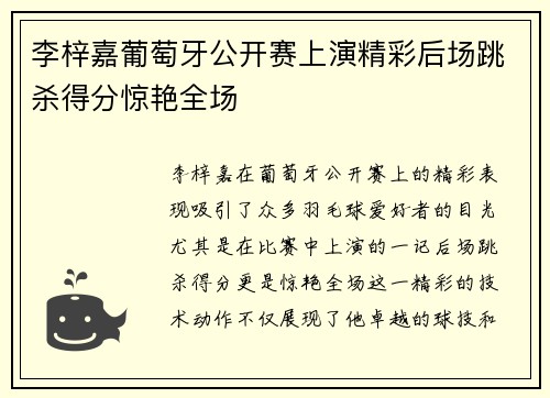 李梓嘉葡萄牙公开赛上演精彩后场跳杀得分惊艳全场