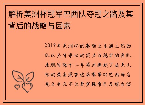 解析美洲杯冠军巴西队夺冠之路及其背后的战略与因素